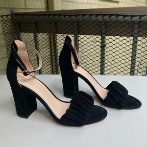 Kate Spade Black Leather Suede Bubble Ruffle Front Mona Block Heels Ankle Strap
